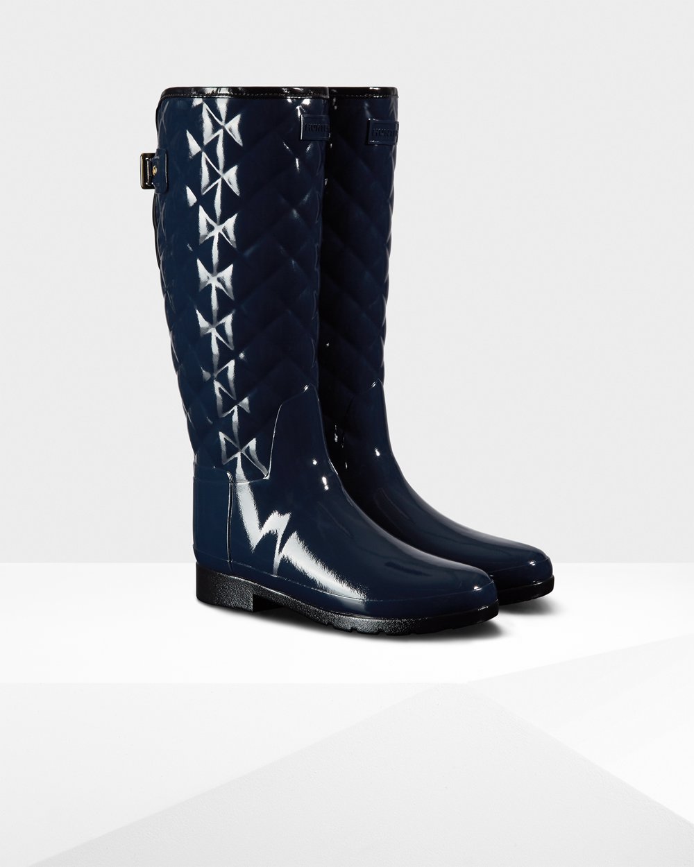 Women Hunter Refined Adjustable Quilted Gloss | Tall Rain Boots Navy | NZ-53416-YWMO